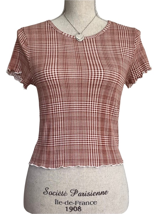 American Eagle Outfitters Tops - American Eagle Outfitters Rust & White Plaid Lettuce-Edge Crop Top
